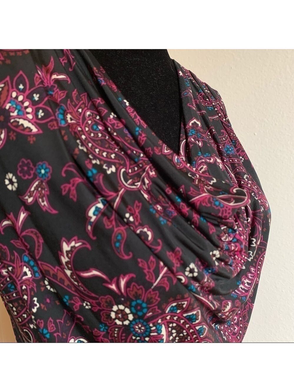 Black Turquoise Magenta Pink Paisley Drape Neck Sleeveless Shell Top Blouse